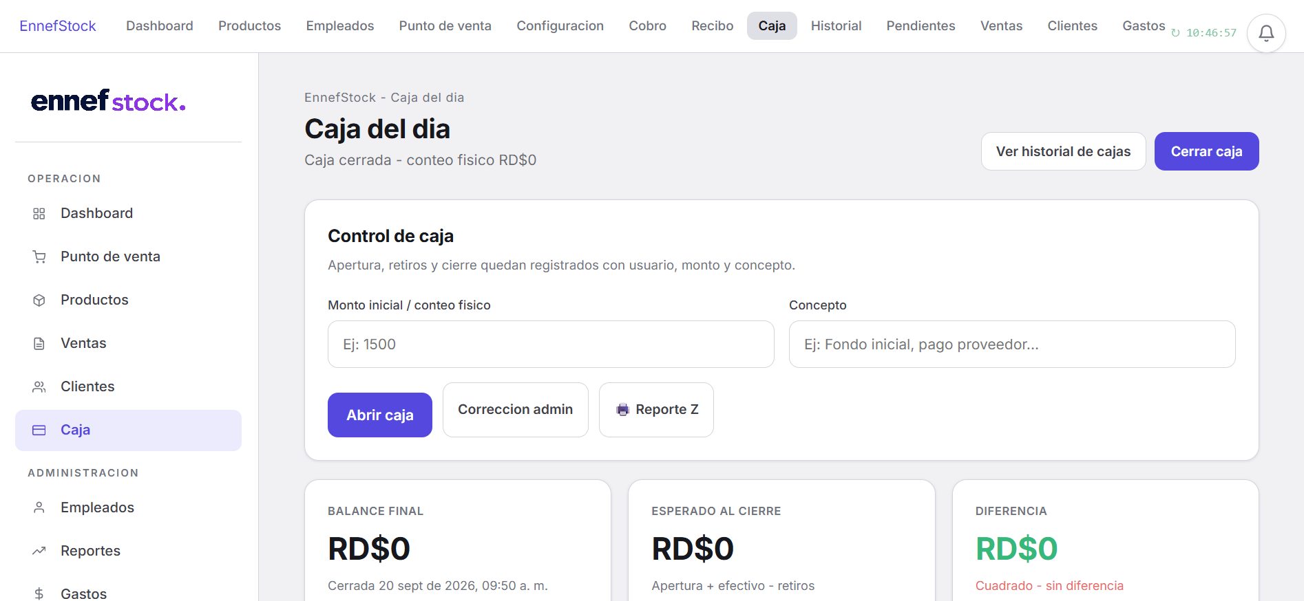 Pantalla de caja del sistema Ennef Stock