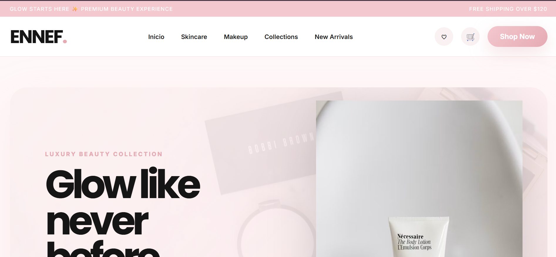 Landing ecommerce beauty con estética premium rosada